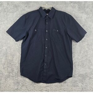 Orvis Mens Short Sleeve Button Down Shirt Navy Blue Polyester Medium Classic